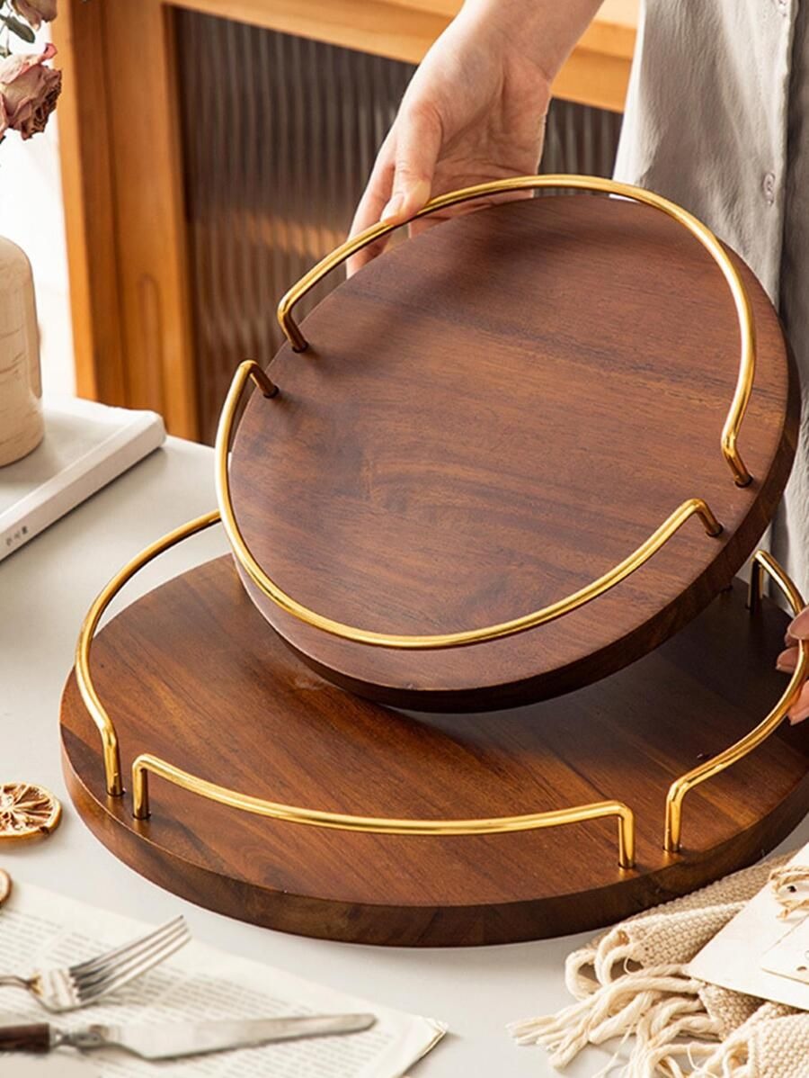 Round Wood Serving Trays with Brass Handles Set AH-205 Moradabad